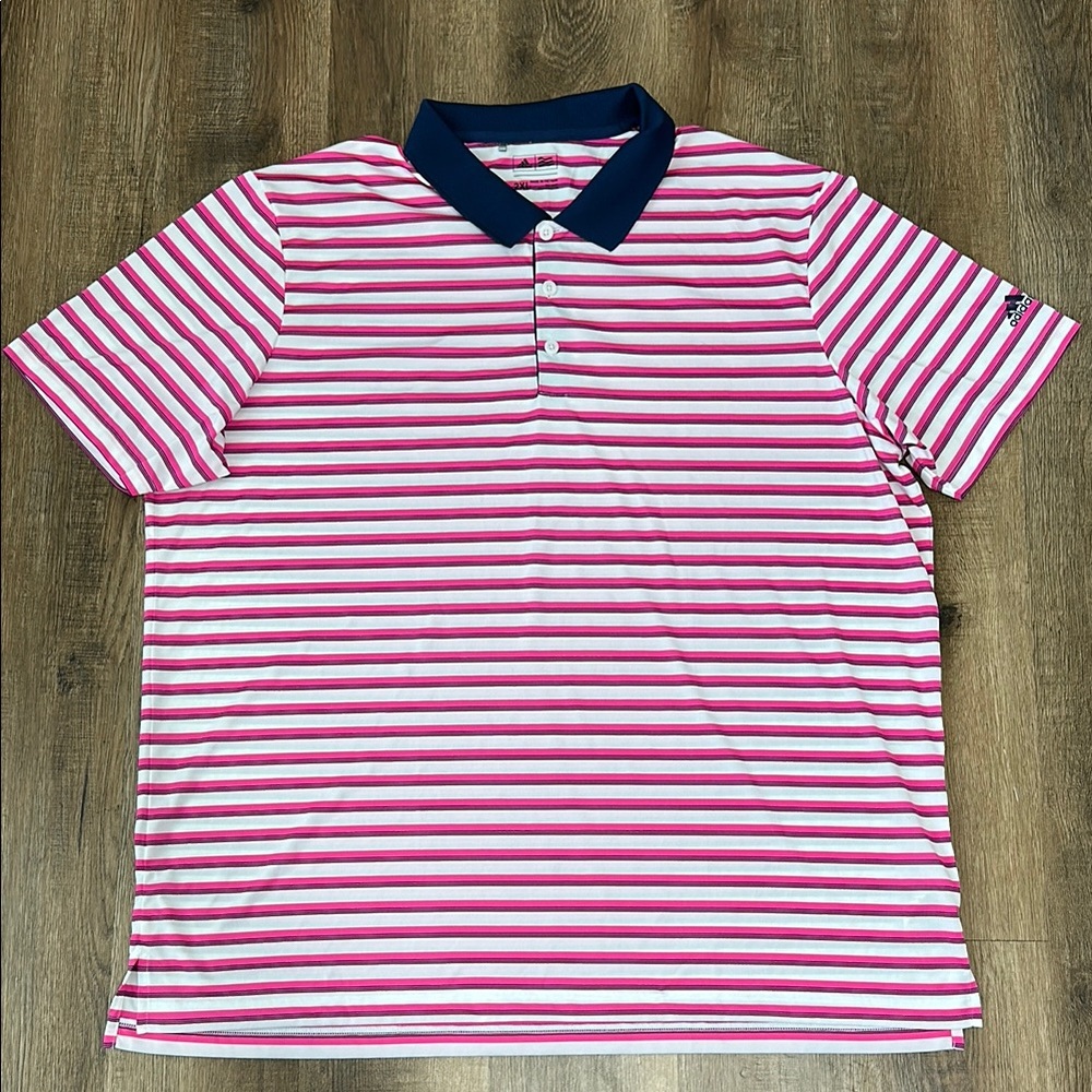 Adidas,Striped Pink and White Men's Golf Polo Shirt